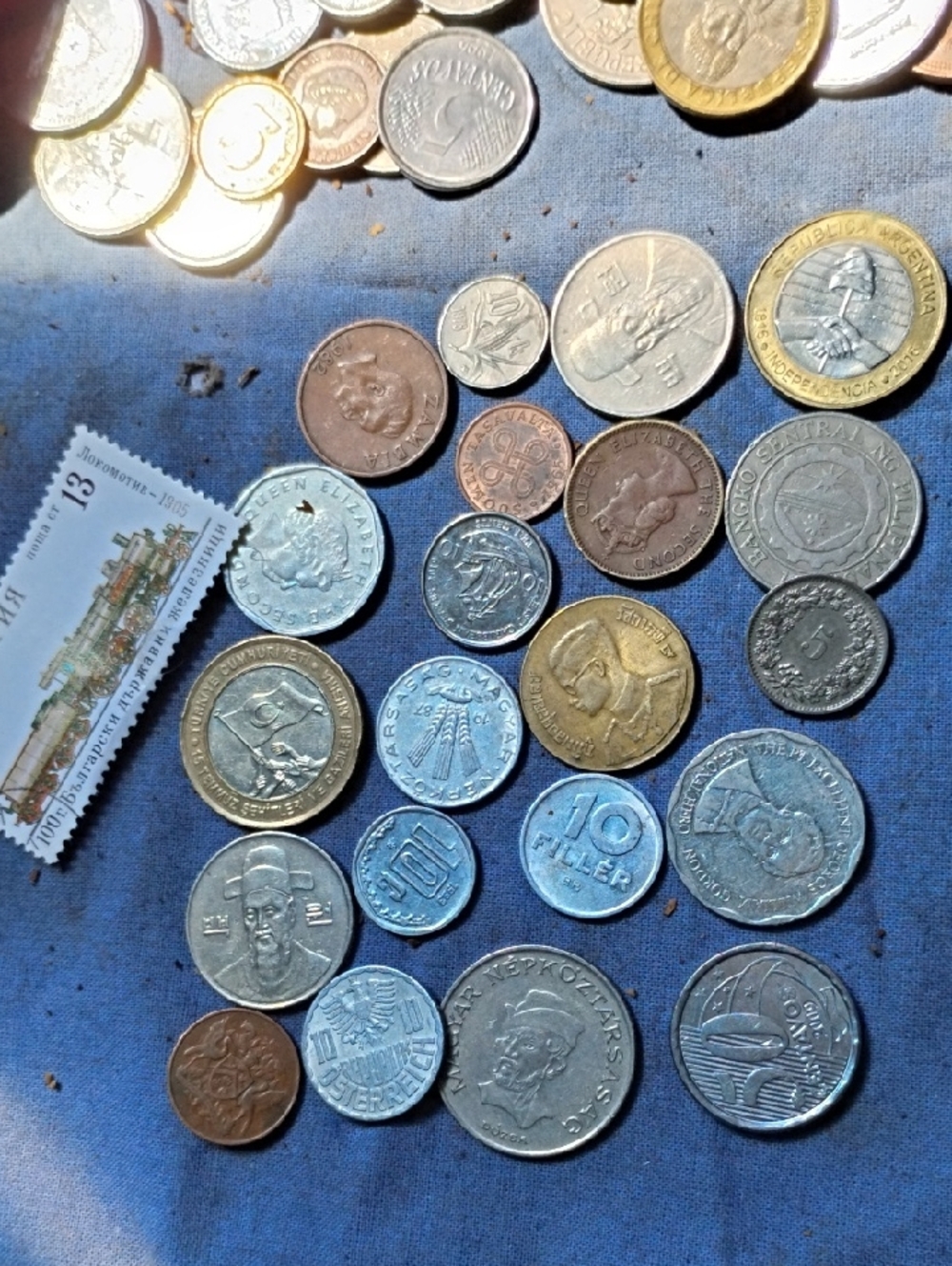 Mixed World Coin Lot with Stamp - Assorted Metallic Tones